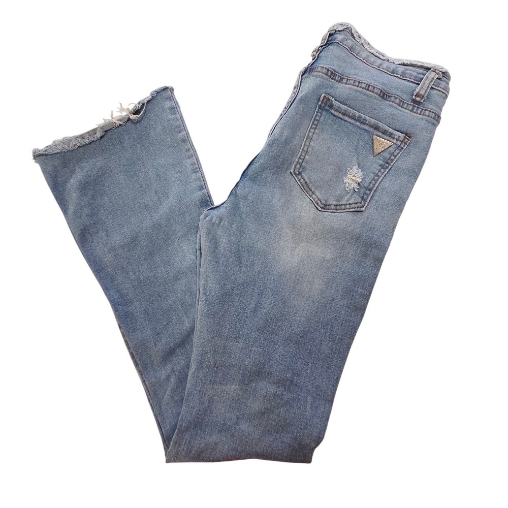Celebrity Pink Distressed Flare Jeans Medium Wash Raw Hem High Rise Size 27x28.5